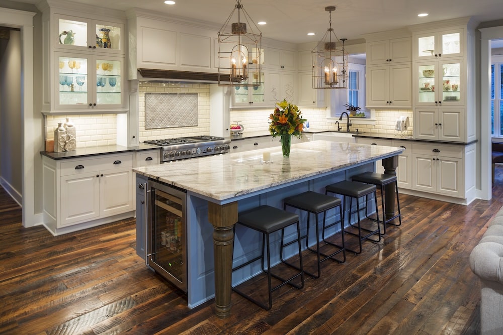 Kitchen with wood flooring and wood accents