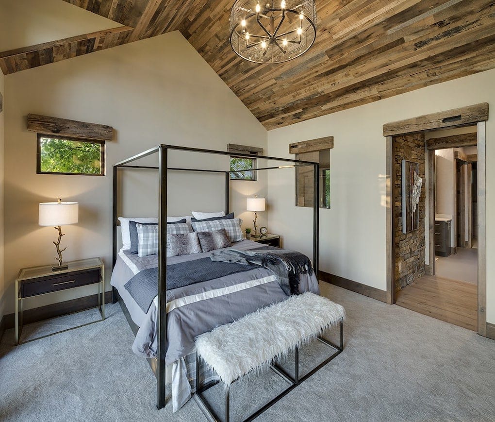 bedroom with antique oak reclaimed wood ceiling