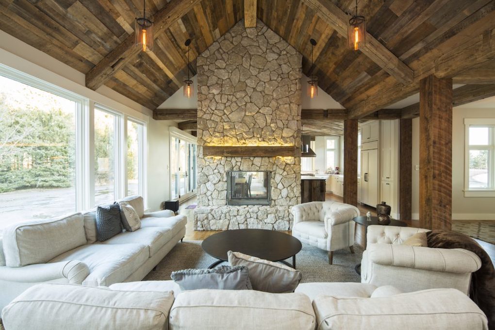 living room with weathered antique reclaimed wood ceiling