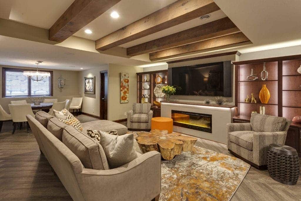 reclaimed wood beams inside modern living room