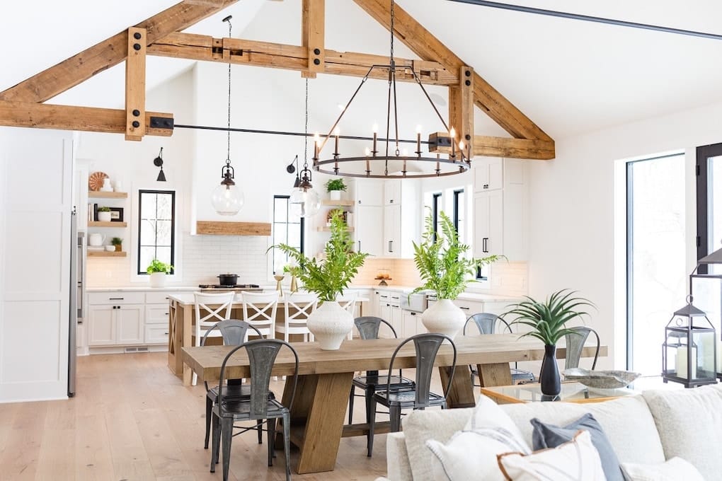 boho chic style kitchen with white walls and reclaimed wood beams; reclaimed wood wall ideas