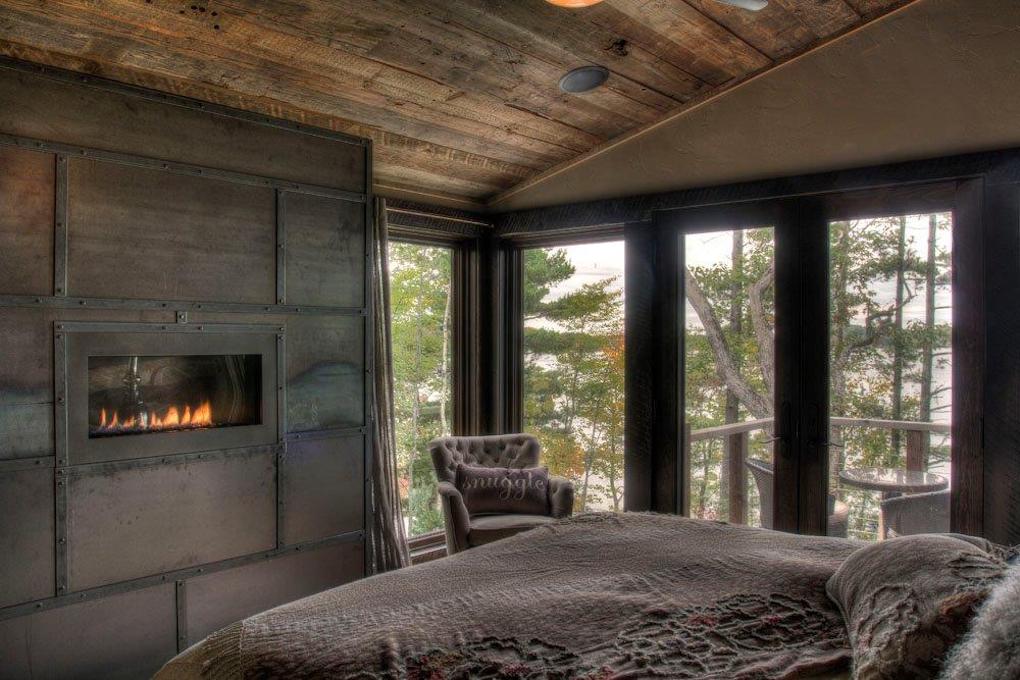 dark modern bedroom with reclaimed wood ceilings; reclaimed wood wall ideas