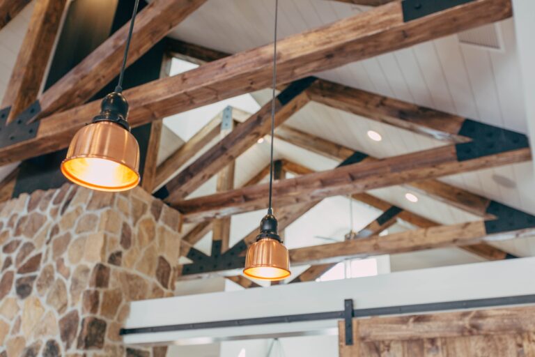 Accented wood beams with light fixtures