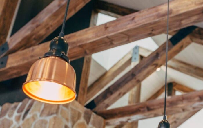 Accented wood beams with light fixtures