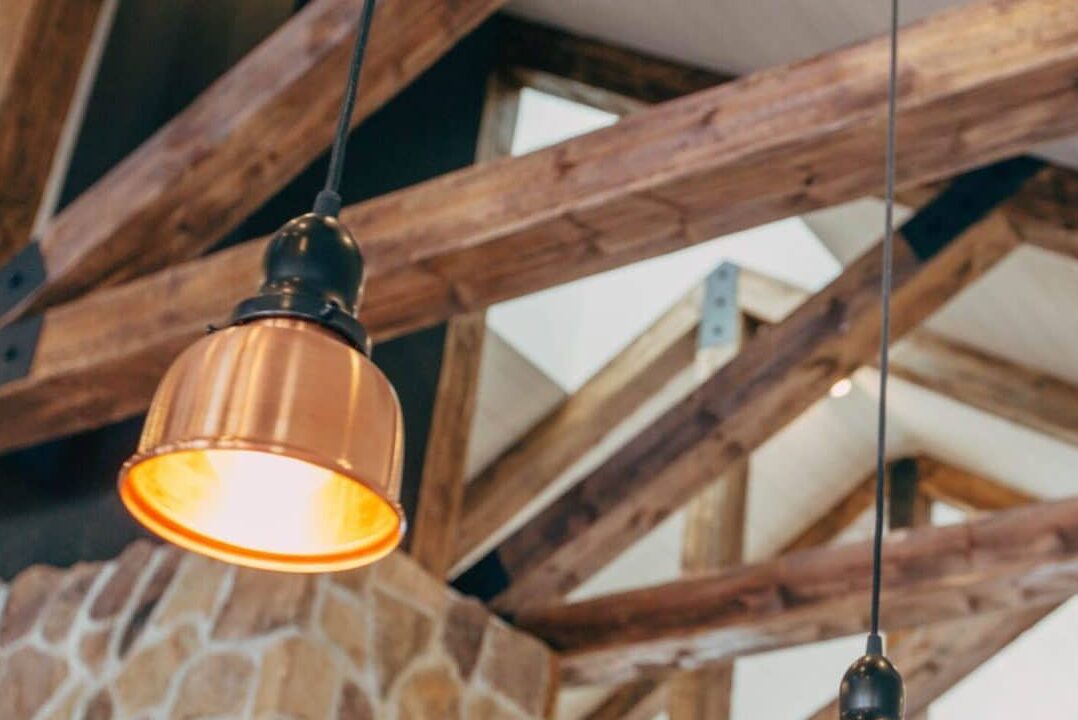 Accented wood beams with light fixtures