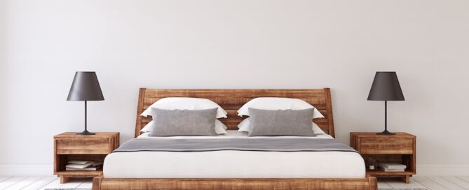 reclaimed wood bedframe in bedroom