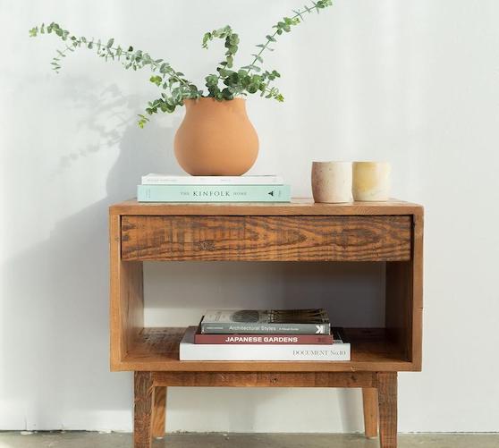 reclaimed wood table with plant and books on top