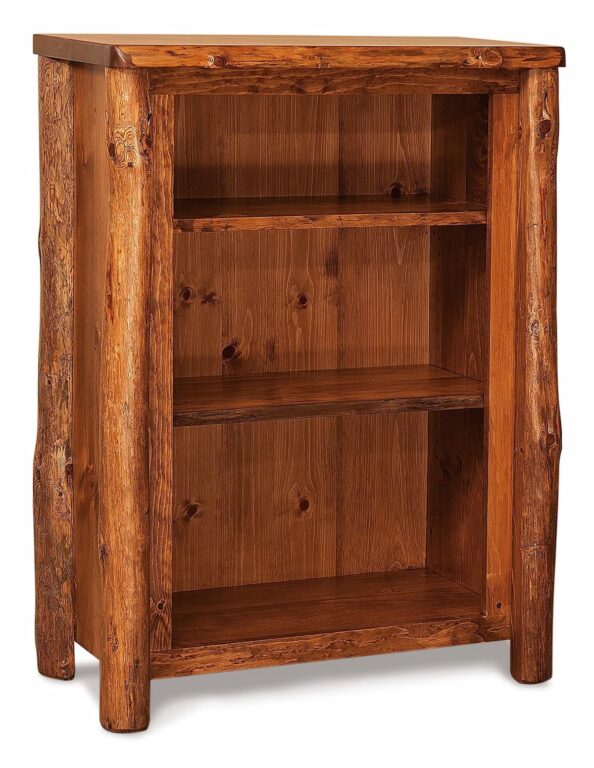 A small reclaimed wood bookcase with a rustic design, featuring three shelves and natural, uneven log-style edges on the sides, made from polished wood with visible grain patterns.