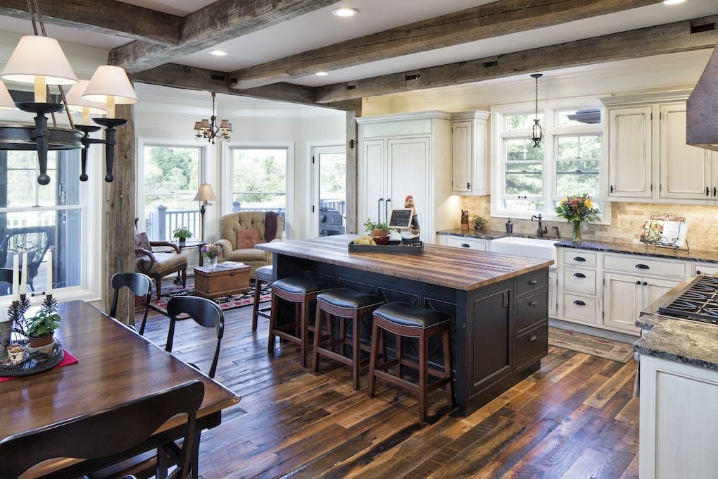 beautiful kitchen with reclaimed wood beams; reclaimed wood stool