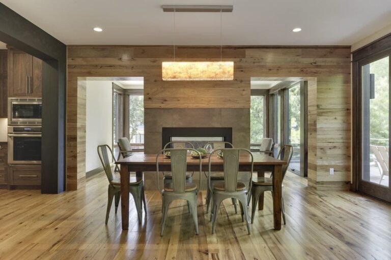 beautiful dining room area with reclaimed wood flooring