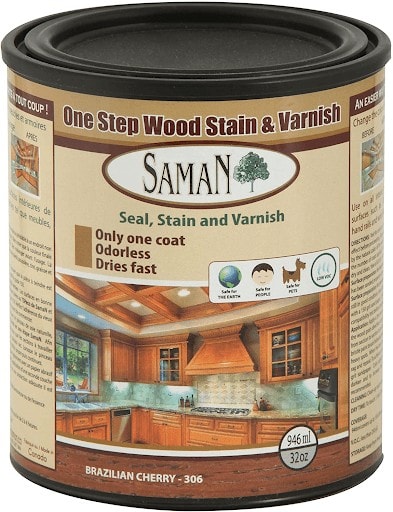 a can of Saman, One Step Wood Stain and Varnish