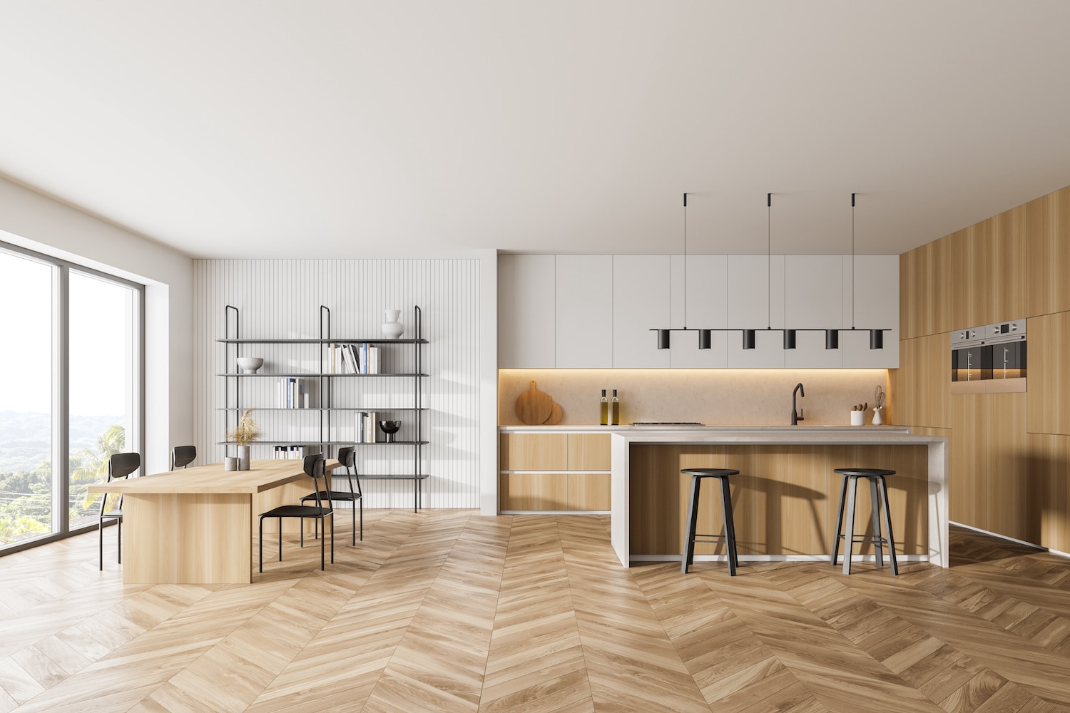 mixed hardwood flooring light bright minimalist kitchen design with patterned wood floors