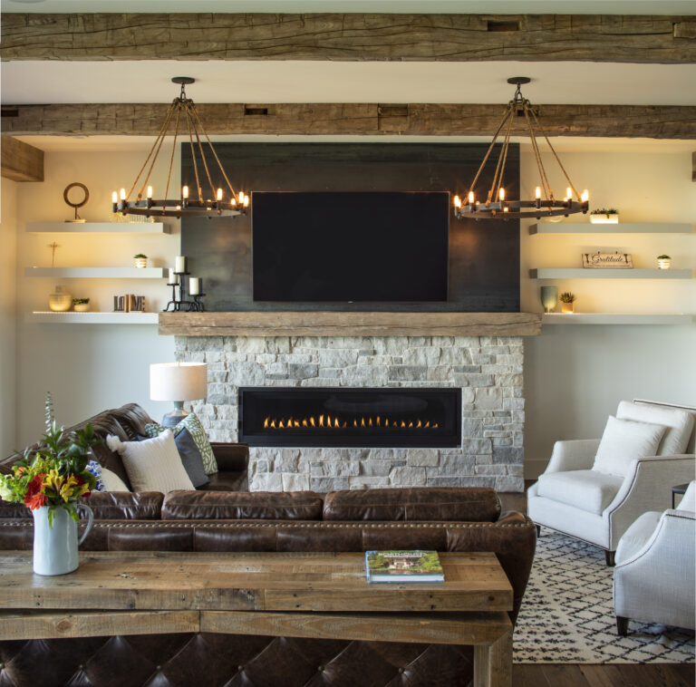 Manomin Resawn Timbers reclaimed fireplace mantel installed by Denali Custom Homes and designed by Redstone Interiors