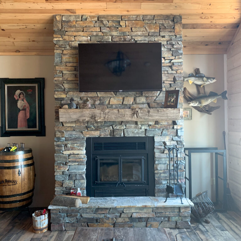 Manomin Resawn Timbers reclaimed fireplace mantel designed by Katie Kottke Design