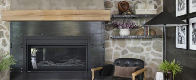Manomin Resawn Timbers reclaimed fireplace barn wood mantel installed by Wes Hanson Builders and Designed by Tays & Co. Design