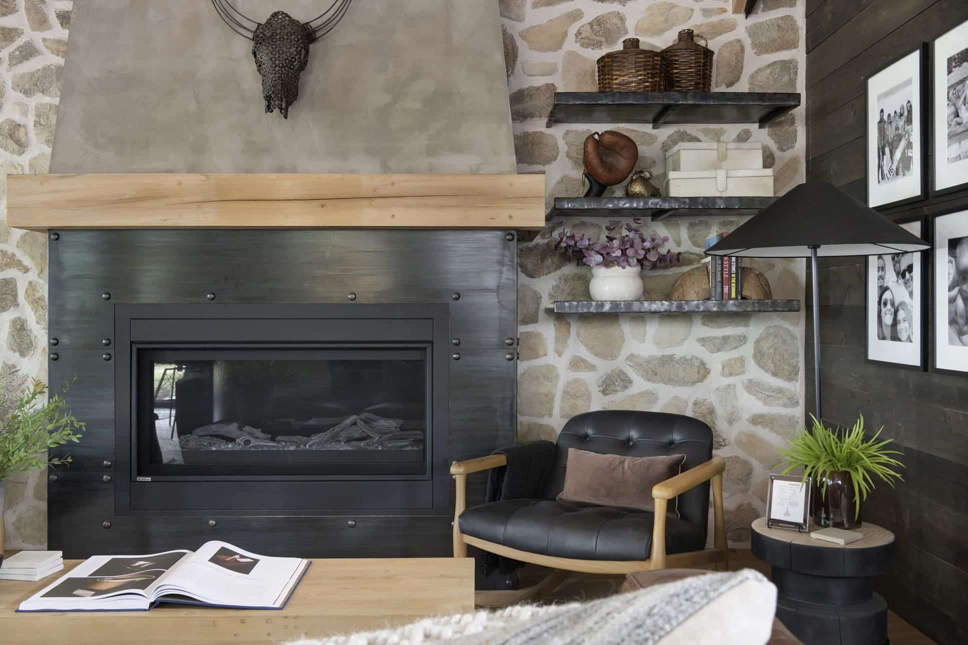 Manomin Resawn Timbers reclaimed fireplace barn wood mantel installed by Wes Hanson Builders and Designed by Tays & Co. Design