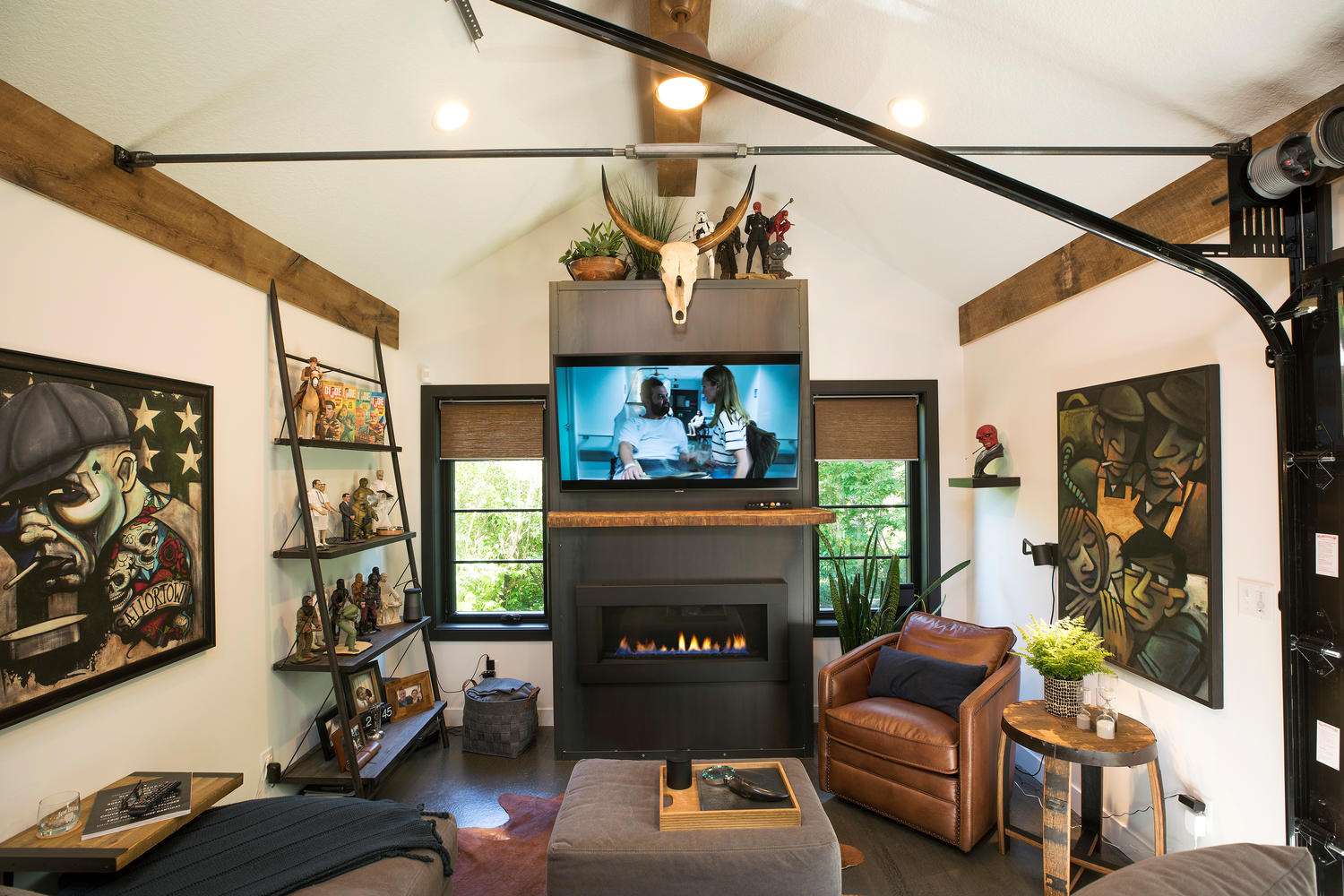 a look at the reclaimed wood ceiling beams spanning across the ceiling