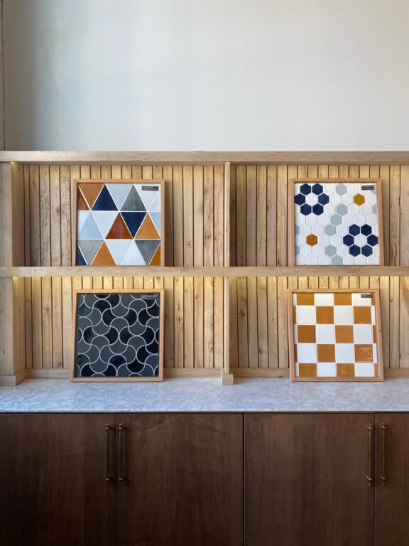 reclaimed lumber picture frames around mosaic tiles from Mercury Mosaics in Northeast Minneapolis 