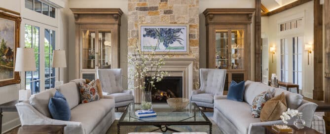 an incredible great room by pillar homes which feature beams and timbers by Manomin Resawn Timbers