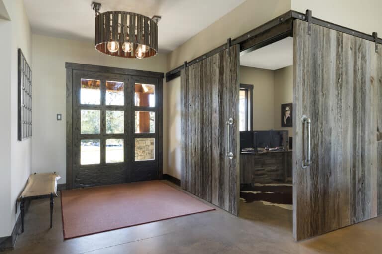 entryway reclaimed wood light fixture in a Coco Bello Interiors | Manomin Resawn Timbers 