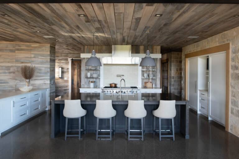 Antique mixed hardwood reclaimed wood paneling in a kitchen ceiling with wall accents