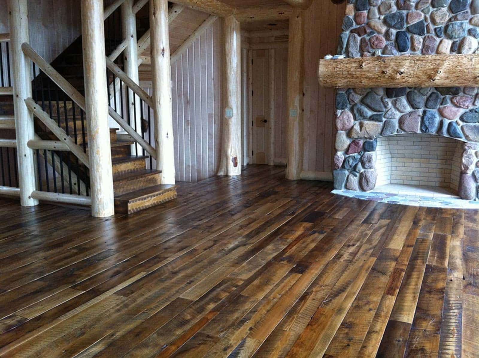 Antique-Mixed-Hardwoods-Reclaimed-Wood-Flooring-5 Antique mixed hardwood reclaimed wood flooring in an entry room with stairwell