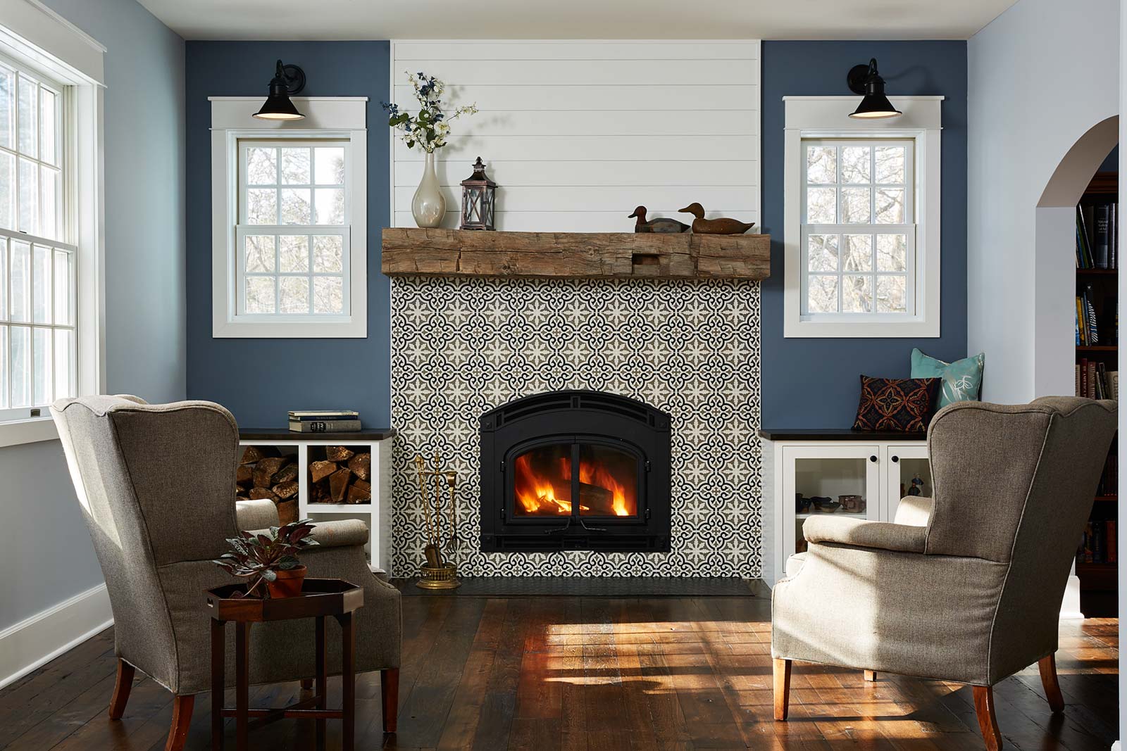 Hand-Hewn-Reclaimed-Wood-Mantels-1 Hand Hewn reclaimed wood mantel in a beautiful living room