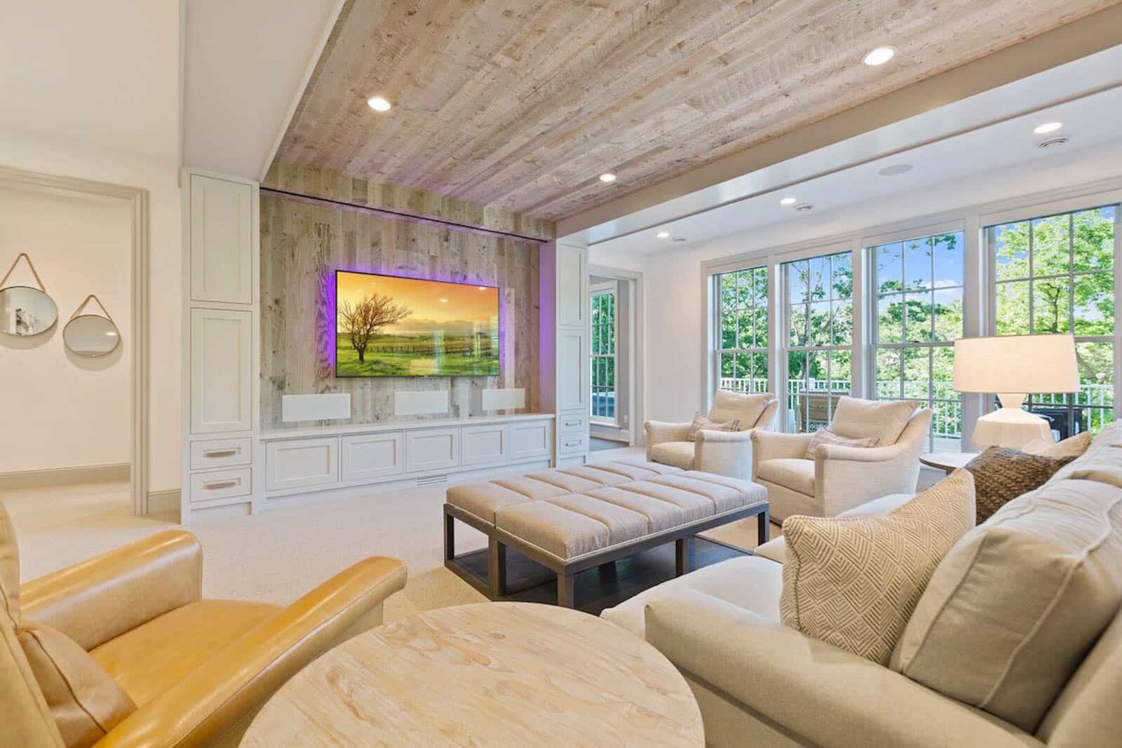 Platinum-Gray-Reclaimed-Wood-Paneling-5 Platinum Gray Reclaimed Wood ceiling accent in spacious, modern living area