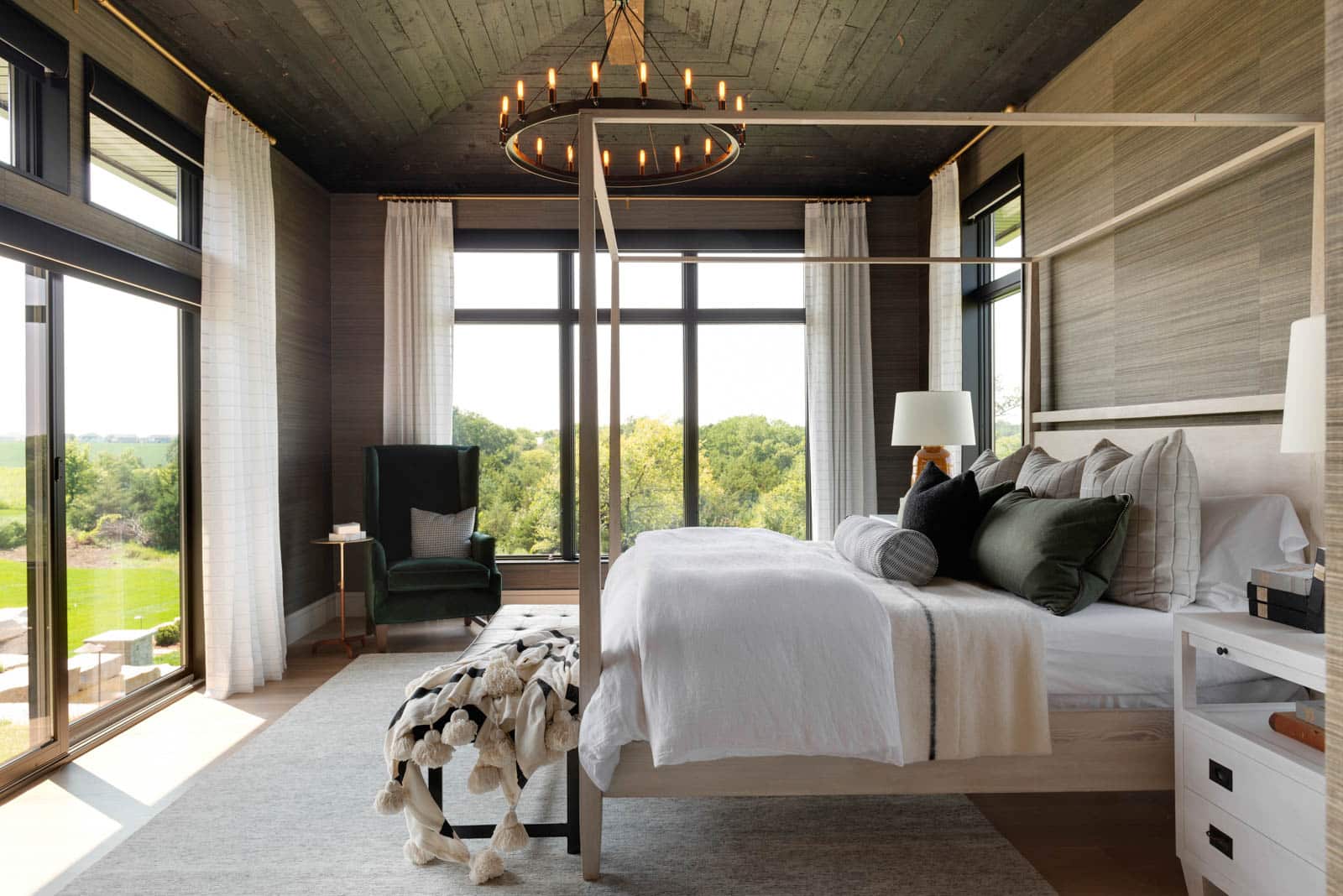 Shou-Sugi-Ban-Reclaimed-Wood-Paneling-3 Shou Sugi Ban reclaimed wood paneling in a bedroom ceiling with beautiful decor