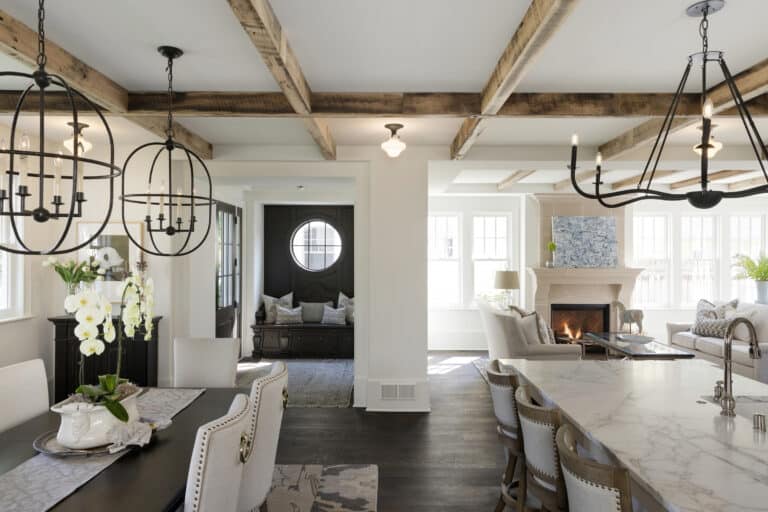 Bright white kitchen with skip oak decorative ceiling box beams