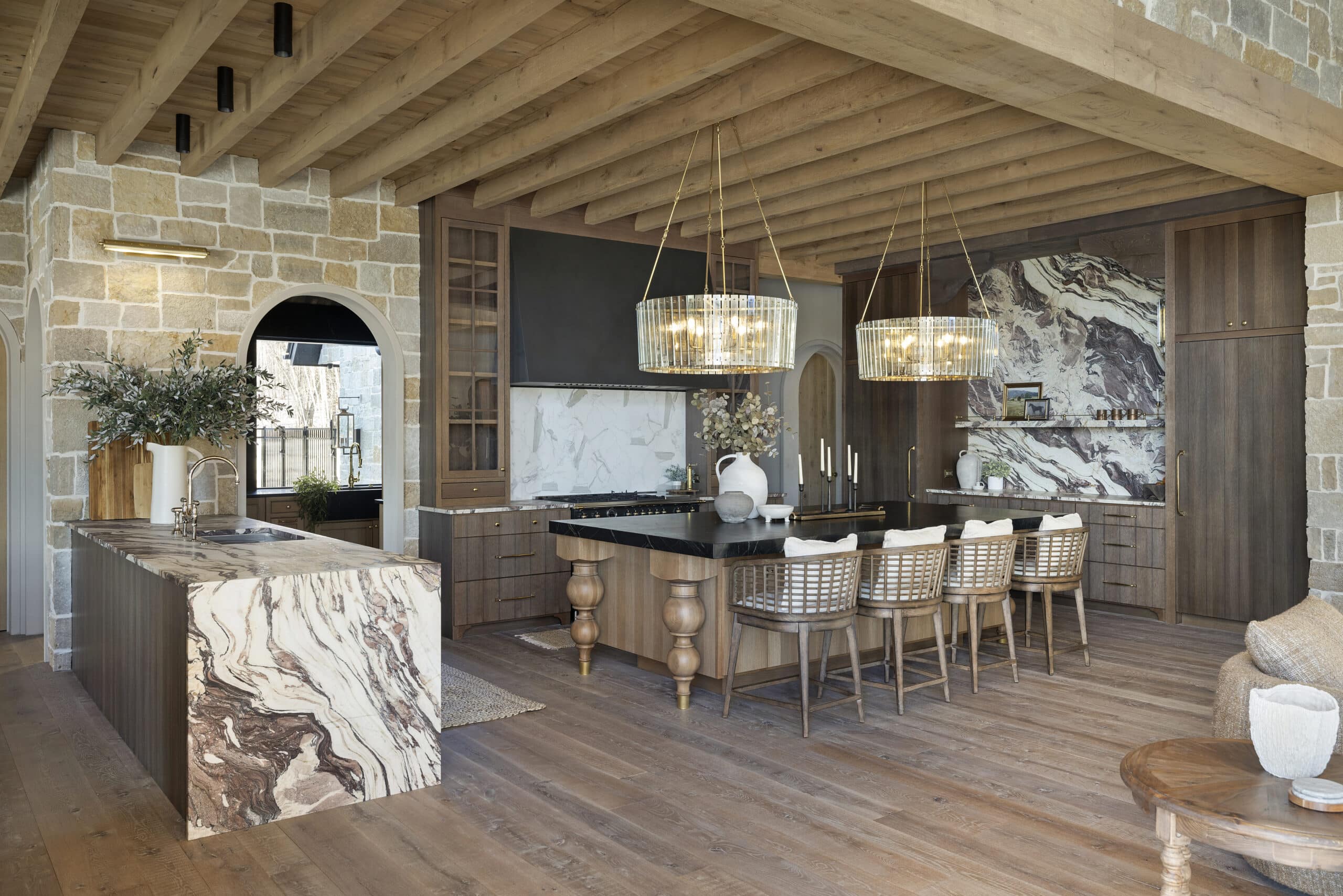 Minnesota custom home builder Werschay Homes custom kitchem with white oak box beams on ceiling.