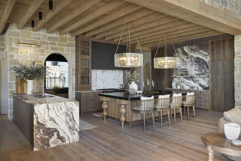 Minnesota custom home builder Werschay Homes custom kitchem with white oak box beams on ceiling.