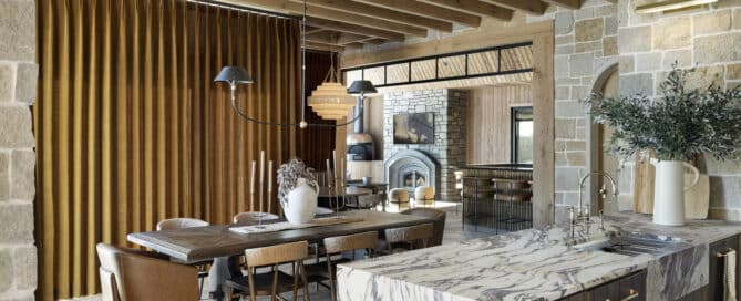 Dining area with white oak reclaimed wood ceiling box beams from minnesota custom home builder Werschay Homes