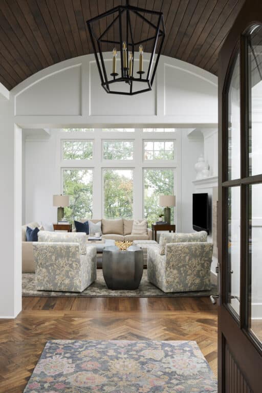Antique elm flooring in custom parquetry pattern