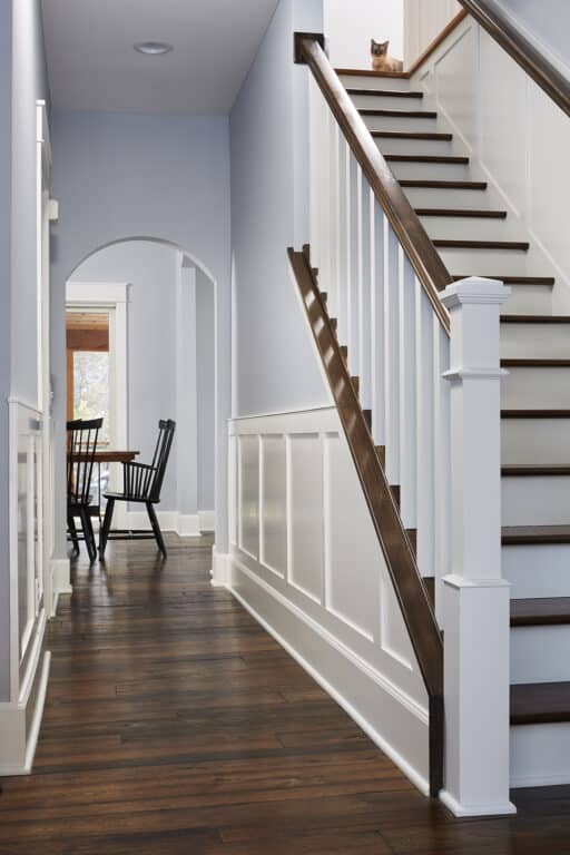 Hall and stairs made with espresso stained elm flooring and treads