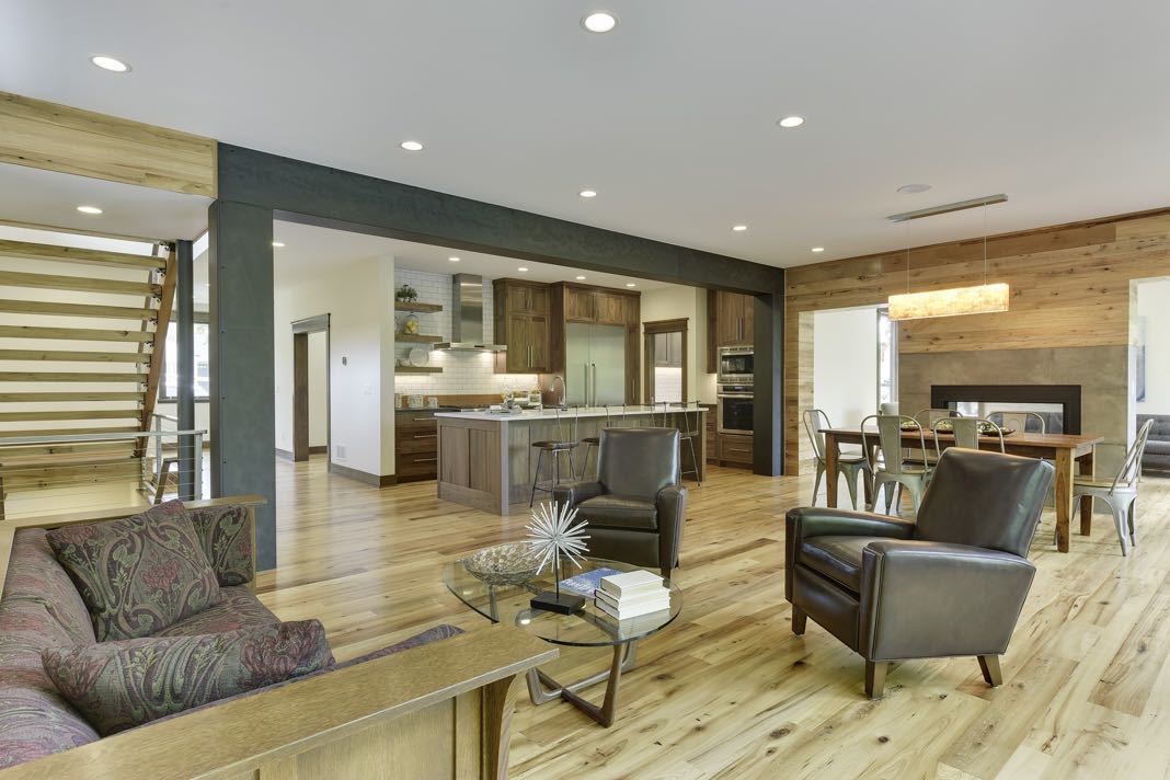 elm flooring open floor plan 2 Antique reclaimed elm wood flooring in open floor plan kitchen living area