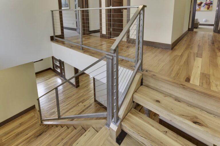 Upper landing and modern stairs with reclaimed elm treads