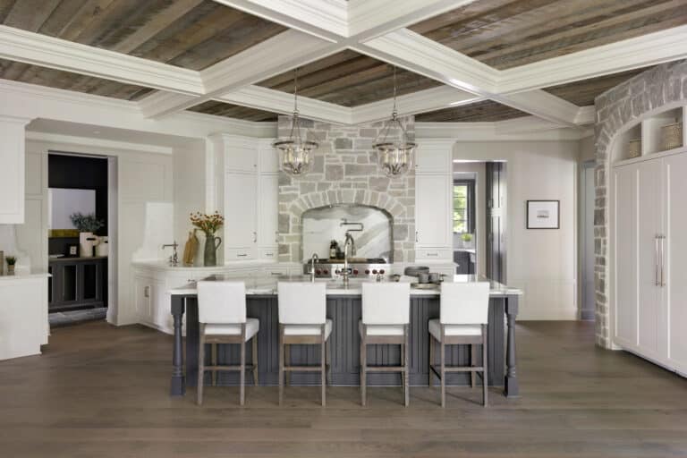 Modern kitchen featuring a reclaimed wood wall and ceiling with rustic wood paneling for walls. The reclaimed wood paneling adds warmth and character, showcasing elegant wood paneling makeover ideas for contemporary interiors