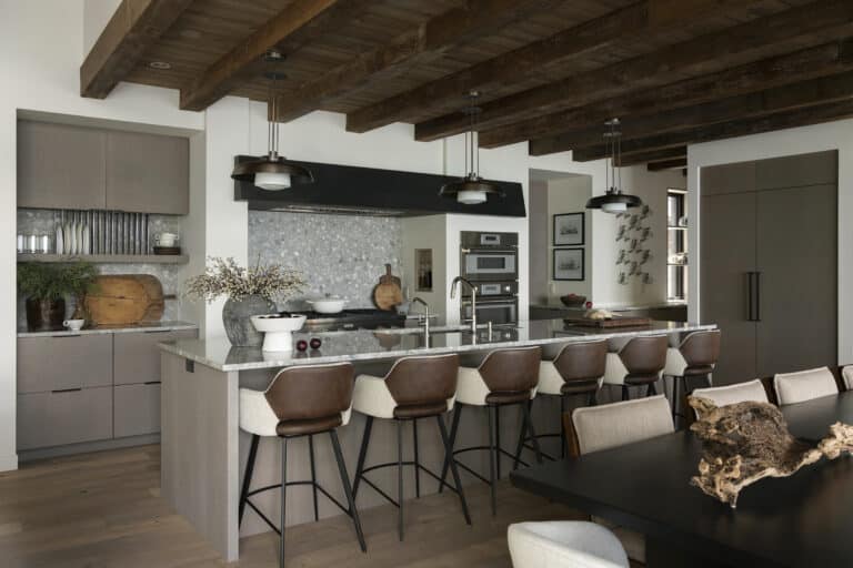 Modern kitchen with a rich wood ceiling featuring dark box beams, offering elegant wood ceiling ideas and a bold box beam design.