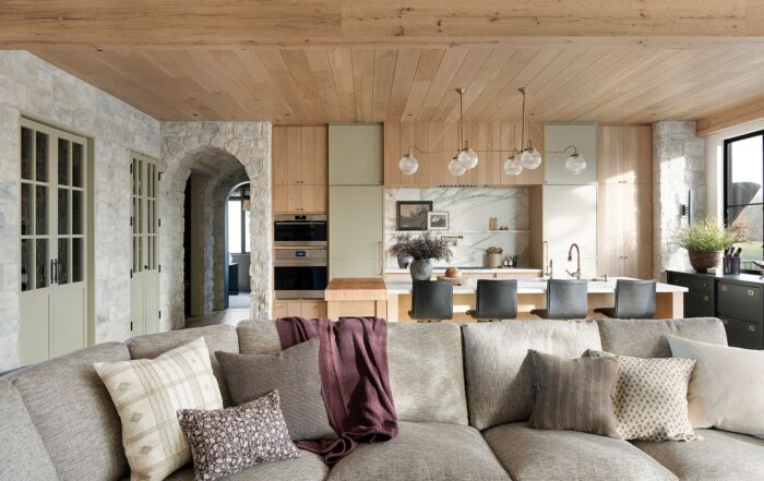 Elegant kitchen with antique white oak ceiling and cabinetry, highlighting light wood tones and oak wood texture for a clean, sophisticated look.