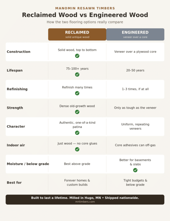 Comparison chart of reclaimed wood vs engineered wood flooring, listing differences in construction, lifespan, refinishing, strength, character, indoor air quality, moisture tolerance, and best uses. Reclaimed wood vs engineered wood flooring reveals that reclaimed wood lasts longer and boasts unique character.
