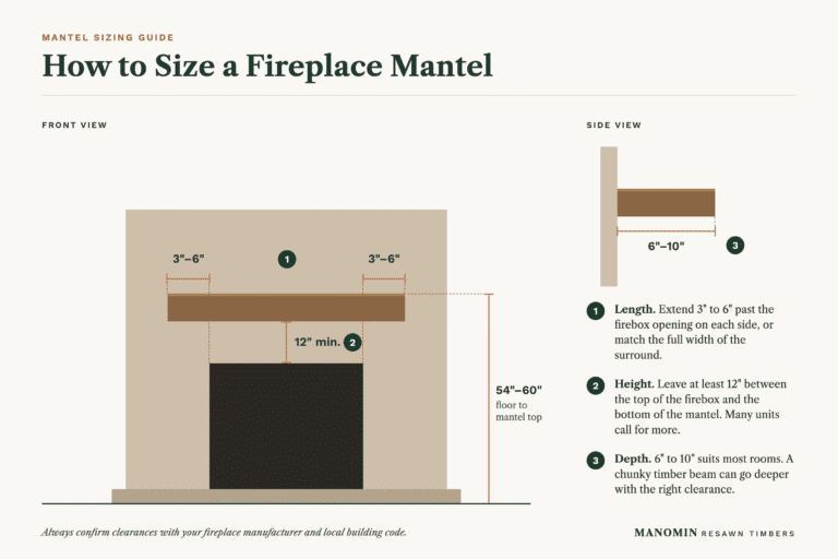 Diagram illustrating how to size a fireplace mantel, showing recommended dimensions for length, height, and depth relative to the firebox.